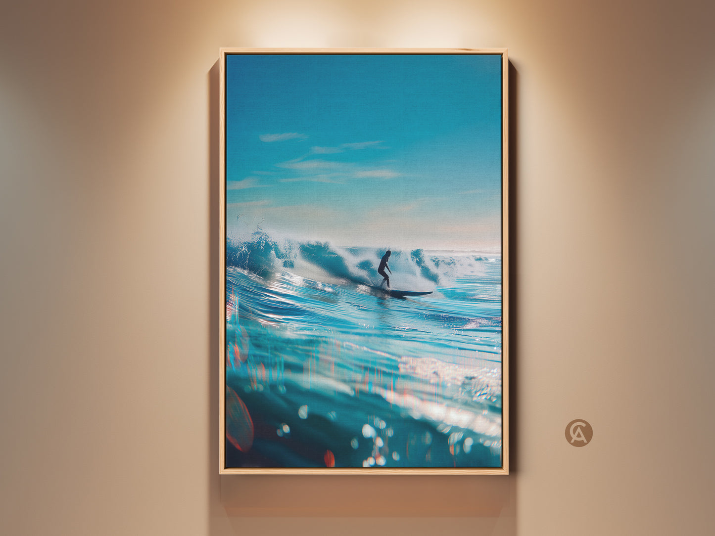 Framed surfing artwork for sale. A surfer rides a wave on a blue ocean. The water sprays as he glides along the surface. This wall art brings a calming feel to any room. Purchase this ocean view in a variety of frames.