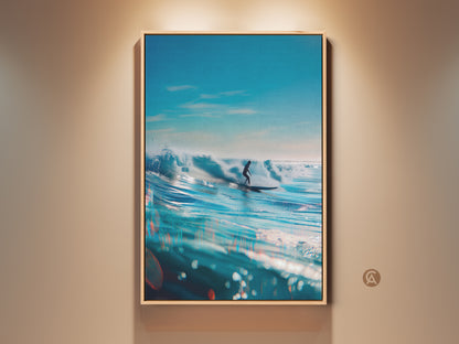 Framed surfing artwork for sale. A surfer rides a wave on a blue ocean. The water sprays as he glides along the surface. This wall art brings a calming feel to any room. Purchase this ocean view in a variety of frames.