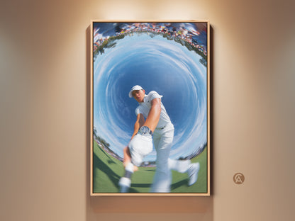 A unique fisheye art piece shows a golfer in mid-swing. The blue sky curves overhead with a crowd in the background. A modern framed artwork perfect for golf lovers. Add a touch of sport to your space with this fine art print.