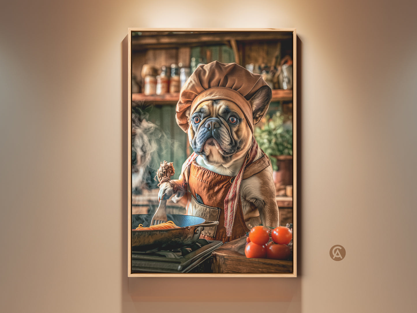 Whimsical French Bulldog chef art print. This digital canvas wall artwork is perfect kitchen art. Dog lover gifts of tan and orange hues. The cute chef dog cooks pasta in a charming kitchen scene.