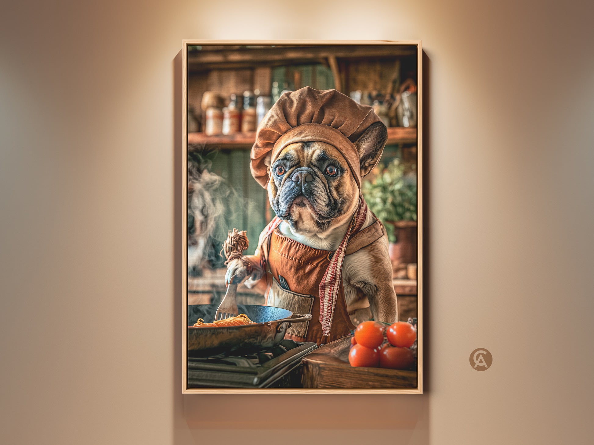 Whimsical French Bulldog chef art print. This digital canvas wall artwork is perfect kitchen art. Dog lover gifts of tan and orange hues. The cute chef dog cooks pasta in a charming kitchen scene.