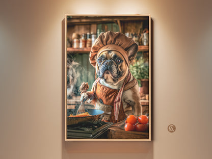 Whimsical French Bulldog chef art print. This digital canvas wall artwork is perfect kitchen art. Dog lover gifts of tan and orange hues. The cute chef dog cooks pasta in a charming kitchen scene.