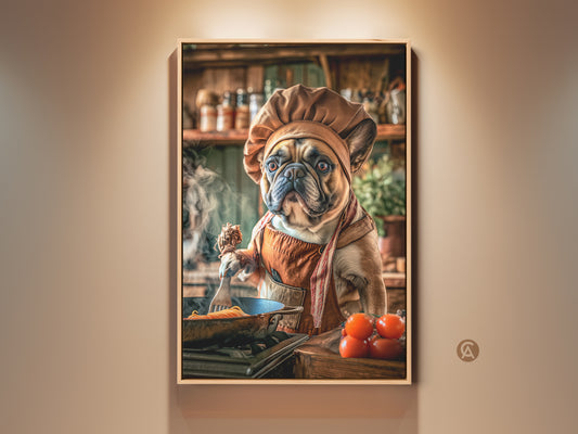 Whimsical French Bulldog chef art print. This digital canvas wall artwork is perfect kitchen art. Dog lover gifts of tan and orange hues. The cute chef dog cooks pasta in a charming kitchen scene.
