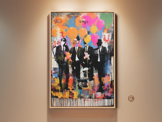 This canvas print showcases graffiti style men in suits. They hold colorful balloons and teddy bears. The abstract background features pink blue and orange hues. This eclectic wall decor brings a modern pop of color to any space. A unique gift idea for art lovers.