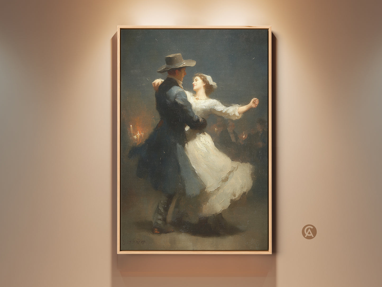 Explore this romantic dance art print. It shows a classical Victorian couple wall art piece. This dark blue and white painting is an ideal anniversary gift. The traditional ballroom dance artwork adds elegance to any space. Discover romantic home decor with this fine art canvas print.