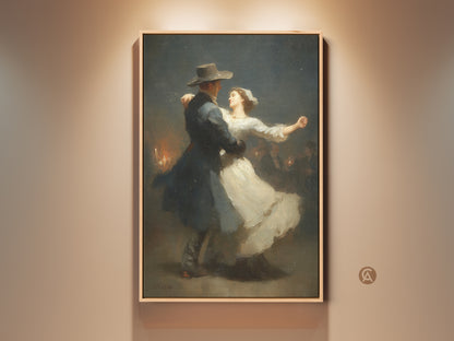 Explore this romantic dance art print. It shows a classical Victorian couple wall art piece. This dark blue and white painting is an ideal anniversary gift. The traditional ballroom dance artwork adds elegance to any space. Discover romantic home decor with this fine art canvas print.