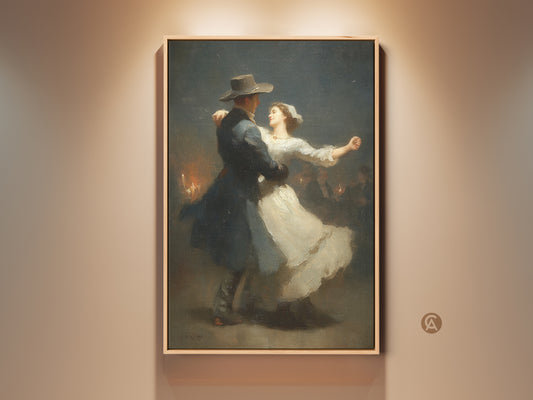 Explore this romantic dance art print. It shows a classical Victorian couple wall art piece. This dark blue and white painting is an ideal anniversary gift. The traditional ballroom dance artwork adds elegance to any space. Discover romantic home decor with this fine art canvas print.
