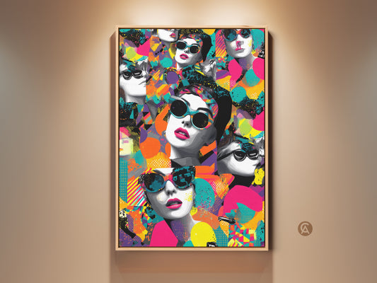 Fashion Pop Art Collage Print of a Woman with Sunglasses. This eclectic wall art features a vibrant Pink Teal and Orange color palette. A modern home decor gift that adds flair to any room.