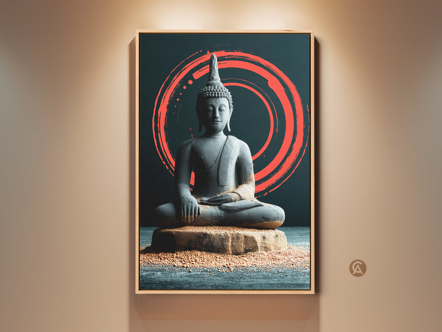 Framed Japandi Zen Buddha art print for tranquil home decor. This minimalist meditation wall artwork features a serene Buddha figure against a coral Zen circle. Ideal spiritual decor for bedroom or living room. Perfect as a mindful housewarming gift.