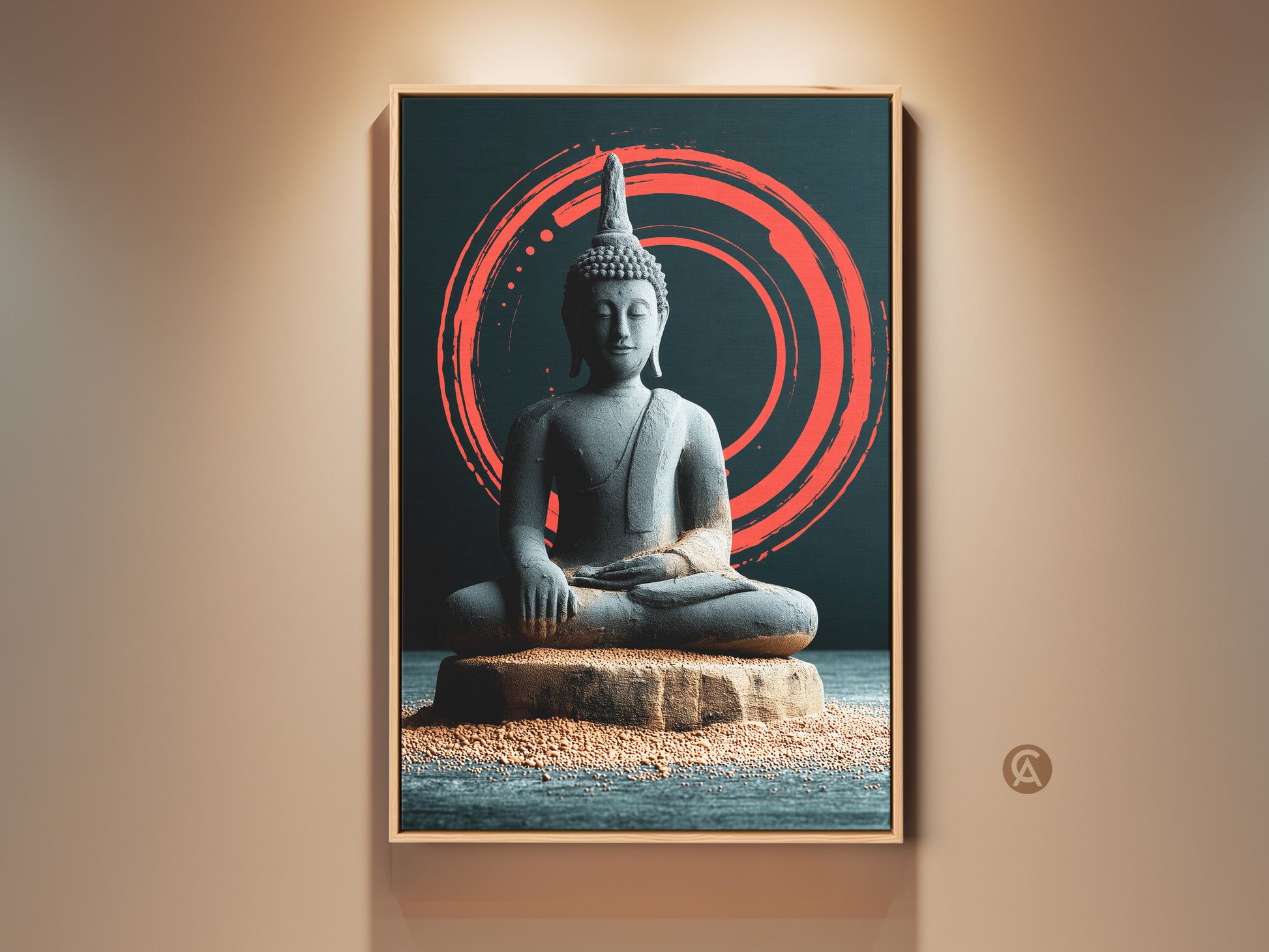 Framed Japandi Zen Buddha art print for tranquil home decor. This minimalist meditation wall artwork features a serene Buddha figure against a coral Zen circle. Ideal spiritual decor for bedroom or living room. Perfect as a mindful housewarming gift.