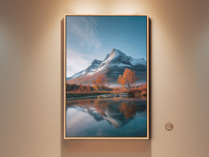 Framed mountain landscape canvas print displayed on a wall. The artwork shows snowy peaks and autumn trees reflected in a lake. This rustic nature wall art adds a scenic touch to home decor. The blue white and orange hues create a cozy ambiance. Perfect gift for outdoor lovers framed in a wood color.
