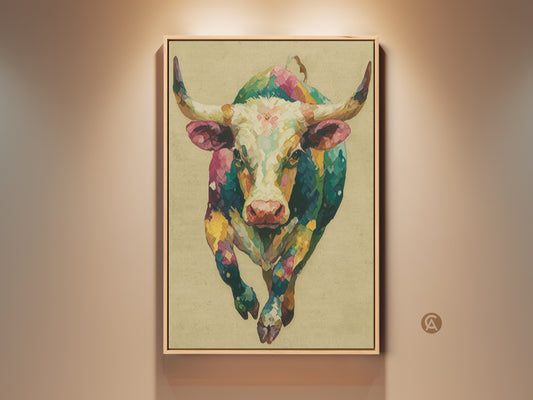 Colorful Bull art on canvas. This artwork features a vivid bull in a watercolor style. Perfect wall decor for modern or rustic spaces. Add an artistic touch to your home with this animal painting.