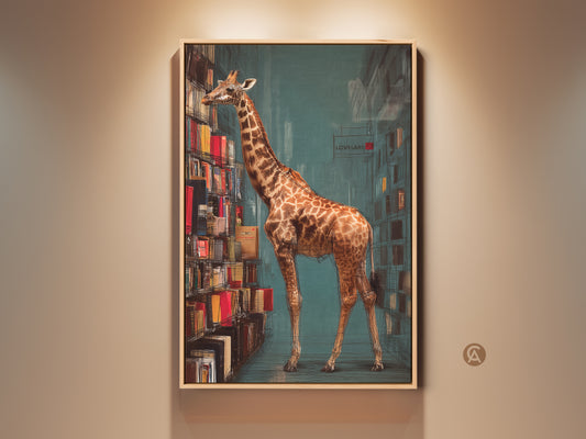 Surreal giraffe art print in a frame. The giraffe is standing next to a bookshelf filled with books. An eclectic animals wall art piece perfect as study decor. Great bookworm gift idea with teal and orange color tones.