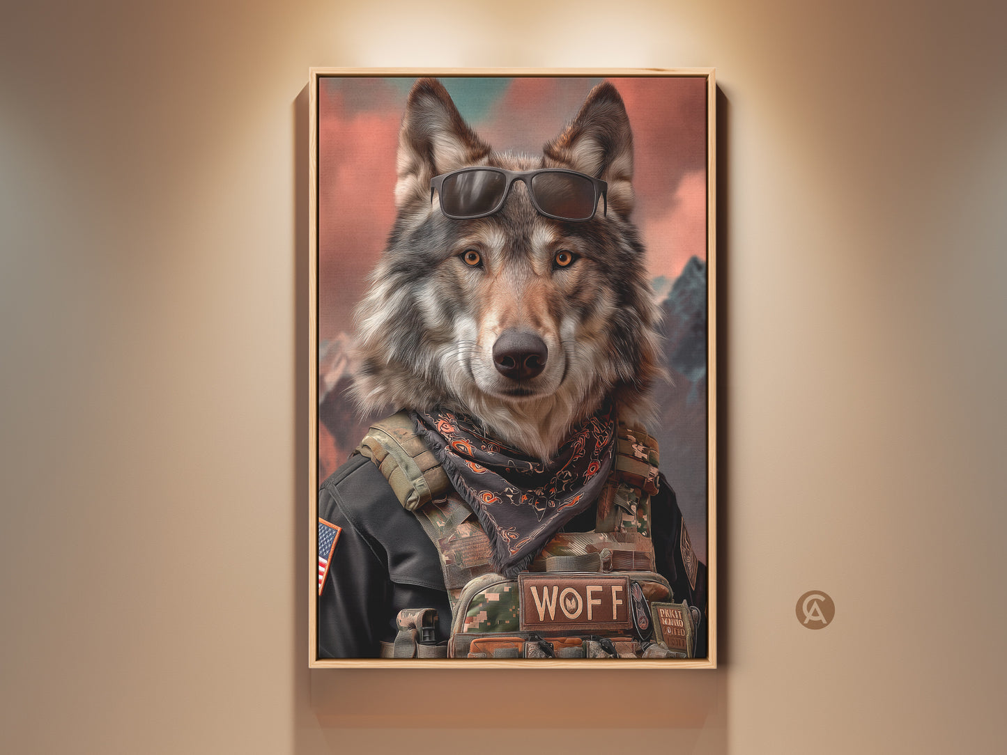 Framed Wolf Portrait Wall Artwork. This military style animal print features a cool wolf wearing sunglasses. It's the perfect rustic man cave decor with a wildlife theme. Add a unique and badass wolf painting to your office or home. A great gift for wolf lovers and veterans. Brown gray and orange art makes a unique home decor choice