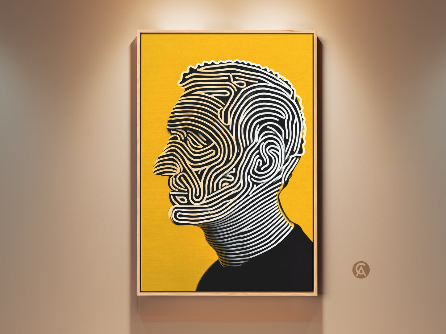 Framed portrait artwork on display. The artwork features a man's profile. It is composed of flowing lines against a yellow background. The frame complements the artwork. The artwork is brightly lit. It enhances its visual appeal for modern art collections.