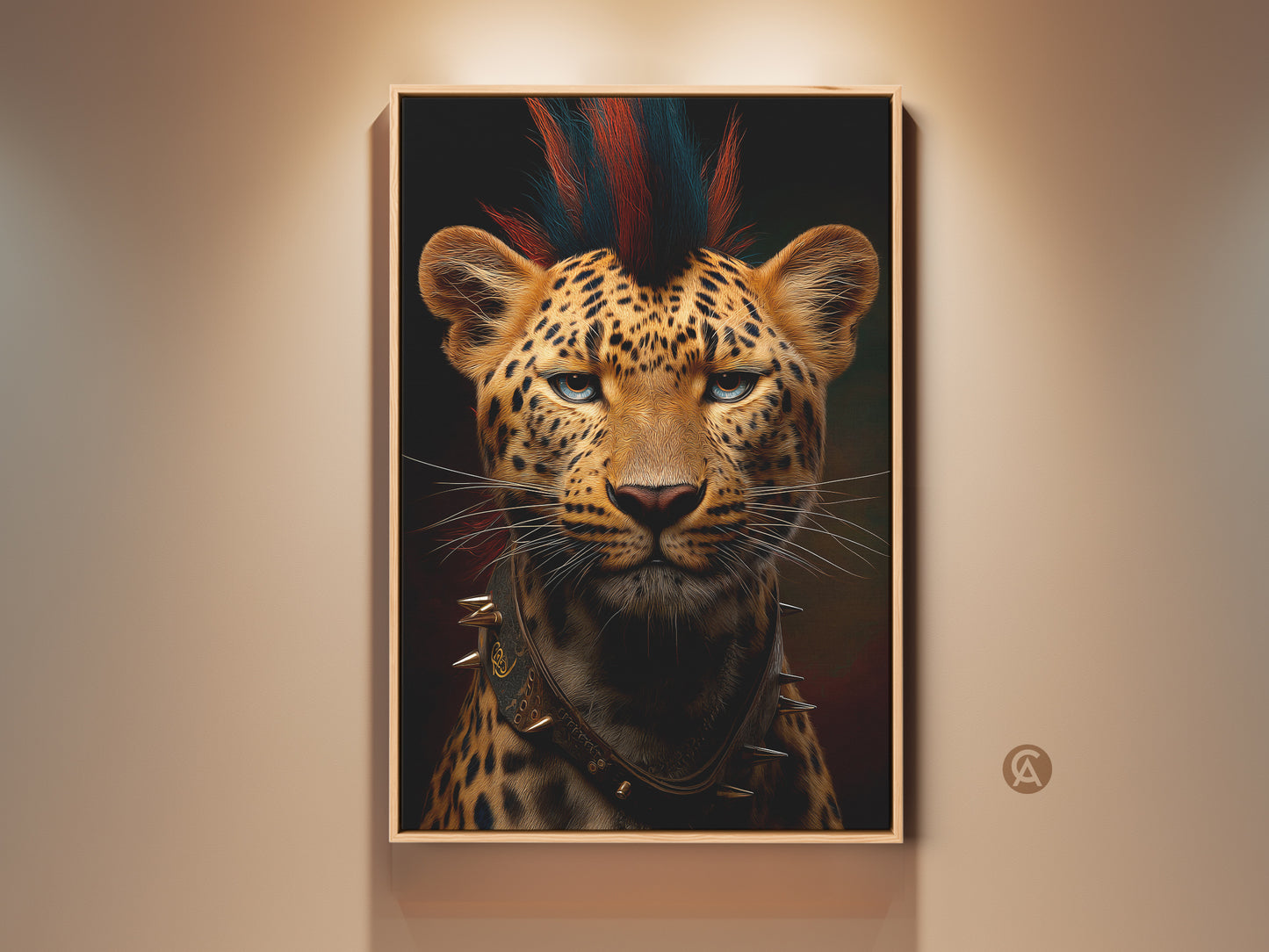 A striking wildlife leopard portrait art print displayed in a natural wood frame. This punk rock animal canvas showcases a gothic aesthetic perfect for home or office. This is a unique gift for animal lovers. The portrait features bold orange and brown hues. The modern and eclectic art is ideal for statement wall decor.