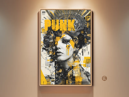 Framed punk artwork with a woman wearing futuristic yellow & black headwear. The artwork is on a wall. Shop unique framed artwork to add an edgy touch to your space. Ready to hang.