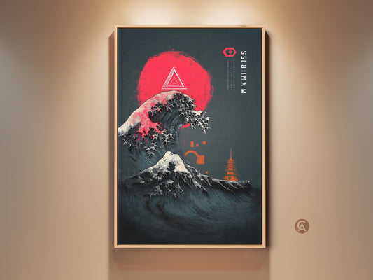 Japanese art canvas print displaying an ukiyo-e wave artwork. A crimson sun is featured with a pagoda. This modern minimalist decor can be used as entryway wall art. The color palette includes dark blue abstract art. It is a Japanese landscape painting and travel themed wall art.