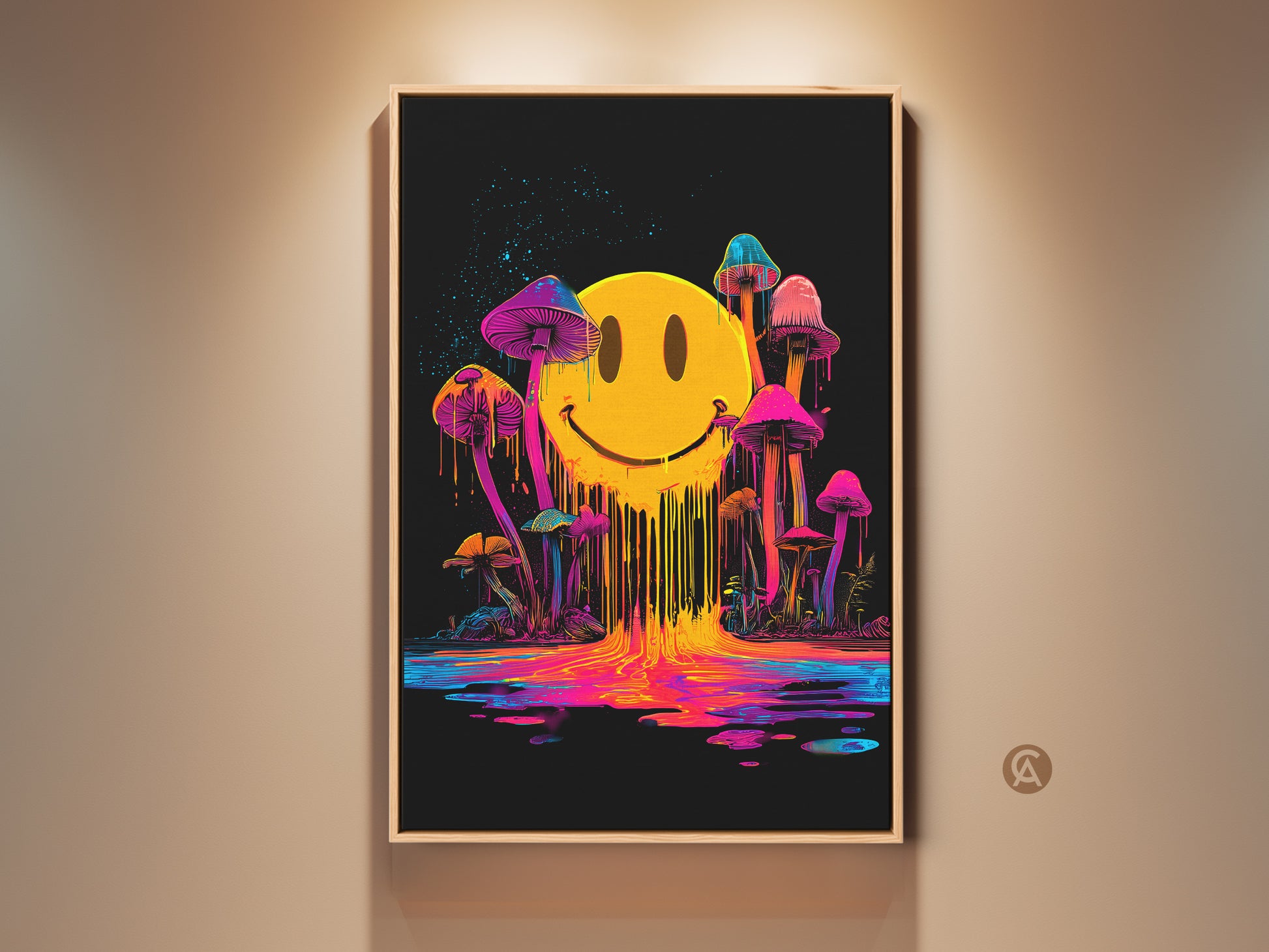 Framed psychedelic art print. This artwork features a melting smiley face with neon dripping colors. Mushrooms grow around the smiley face. The art has a black background. This framed art is ready to hang and will add a pop of color to any room. 