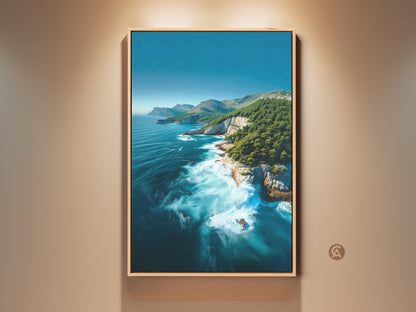 Framed Coastal Cliff Canvas Print. Turquoise and deep blue ocean artwork. Pine trees line the cliffside. A serene nature seascape decor piece. Perfect housewarming gift ocean art for residential spaces.