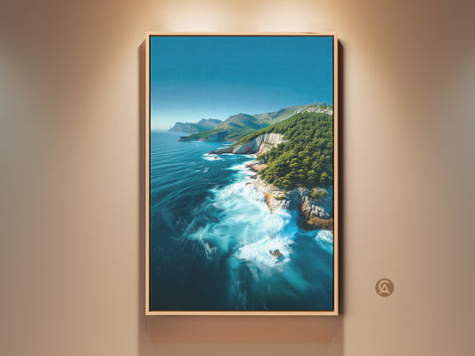 Framed Coastal Cliff Canvas Print. Turquoise and deep blue ocean artwork. Pine trees line the cliffside. A serene nature seascape decor piece. Perfect housewarming gift ocean art for residential spaces.