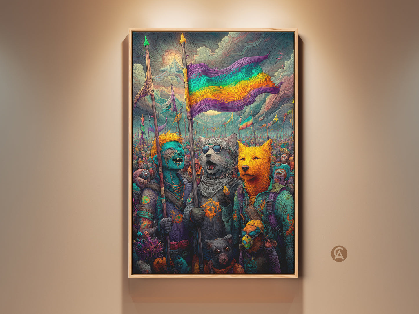 A framed fine art print showcases a vibrant fantasy scene. The artwork features anthropomorphic animals holding a rainbow flag. It is a powerful symbol of unity and diversity. The whimsical style and bright colors make it a captivating piece for any art lover.