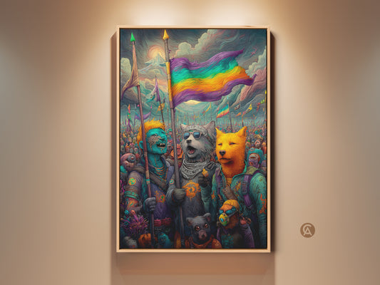 A framed fine art print showcases a vibrant fantasy scene. The artwork features anthropomorphic animals holding a rainbow flag. It is a powerful symbol of unity and diversity. The whimsical style and bright colors make it a captivating piece for any art lover.