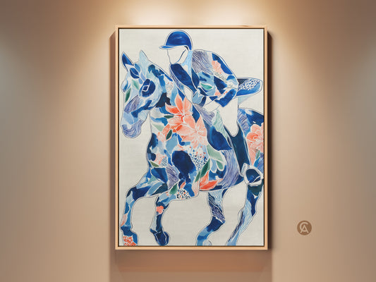 Equestrian Horse and Jockey Art Print on display. This piece features an Indigo Blue floral pattern. Coral accents add a modern folk style touch. A great gift for horse lovers. It enhances any room decor with its unique charm.
