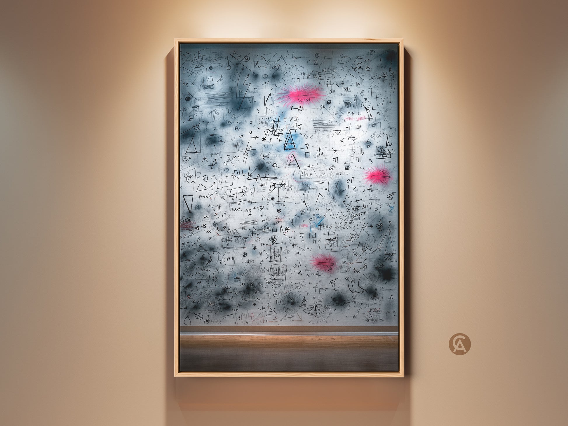 Framed art print featuring abstract math equations. This artwork adds a modern touch to any room. The fine art print is displayed in a gallery. It's ready to hang and enjoy.