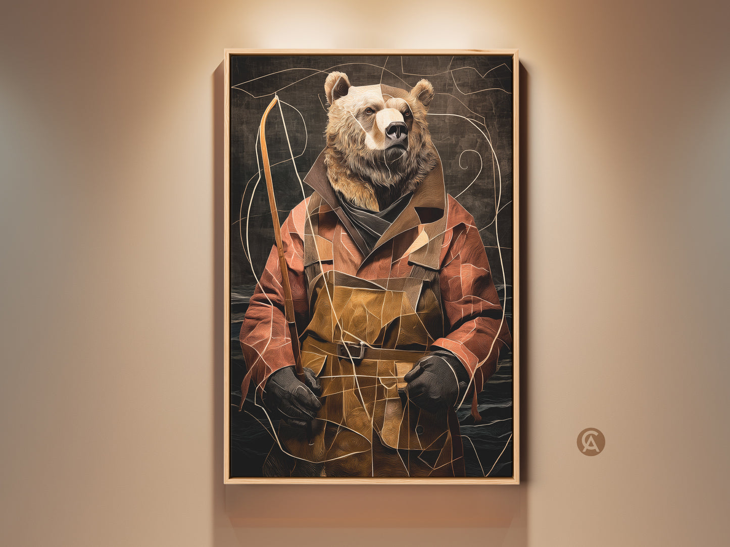 Eclectic Bear Fisherman Canvas Art displayed in a naturally lit room. Abstract animal portrait in terracotta gold and brown tones enhances study decor. Rustic fishing decor brings unique nature inspired wall art. Perfect birthday gift for him or any outdoor lover. Enhance your home with this canvas print.