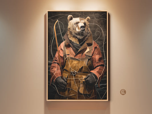 Eclectic Bear Fisherman Canvas Art displayed in a naturally lit room. Abstract animal portrait in terracotta gold and brown tones enhances study decor. Rustic fishing decor brings unique nature inspired wall art. Perfect birthday gift for him or any outdoor lover. Enhance your home with this canvas print.