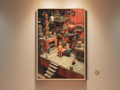 This industrial diorama canvas features a Steampunk factory. The miniature art is rich with red and orange tones. It's an excellent gift for engineers. Perfect office decor. This unique Steampunk miniature factory scene is ready to hang and enjoy.