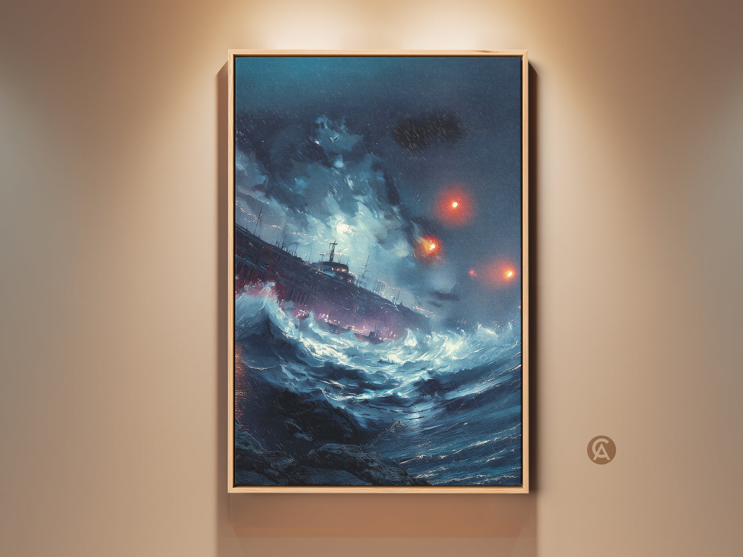 Framed deep blue teal ship canvas artwork. It shows a stormy ocean waves scene. Nautical maritime print in a eclectic room setting. A perfect office decor gift for sailors.