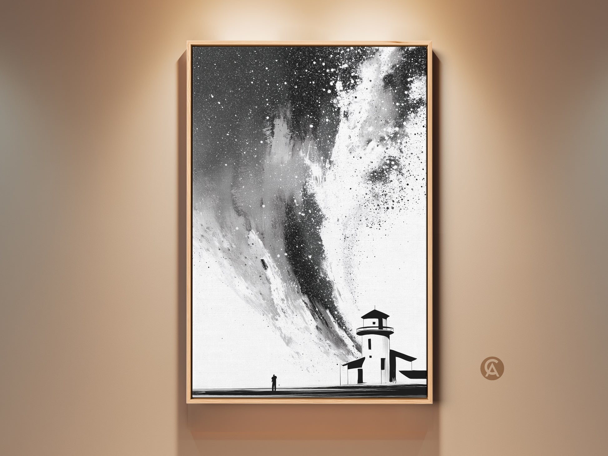 Framed black white abstract lighthouse art print on display. A minimalist starry sky canvas wall art piece. Coastal landscape decor for a modern bedroom or office setting. The contemporary artwork adds a touch of travel themed wall art to any space.