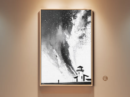 Framed black white abstract lighthouse art print on display. A minimalist starry sky canvas wall art piece. Coastal landscape decor for a modern bedroom or office setting. The contemporary artwork adds a touch of travel themed wall art to any space.