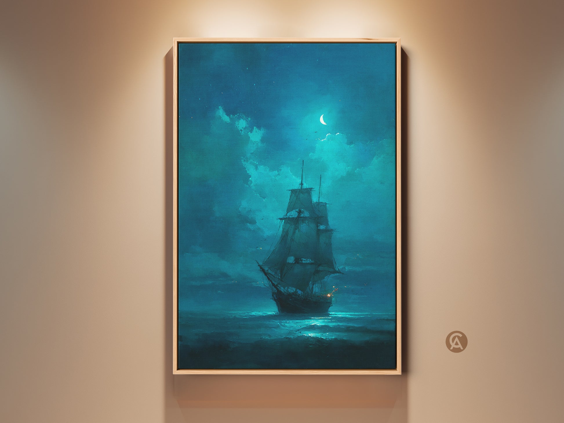 Framed artwork of a tall ship sailing under a crescent moon. The painting style is dark and moody. The art is illuminated by a spotlight. Perfect for nautical art collectors. Purchase art for your home today