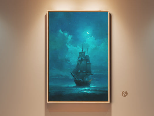 Framed artwork of a tall ship sailing under a crescent moon. The painting style is dark and moody. The art is illuminated by a spotlight. Perfect for nautical art collectors. Purchase art for your home today