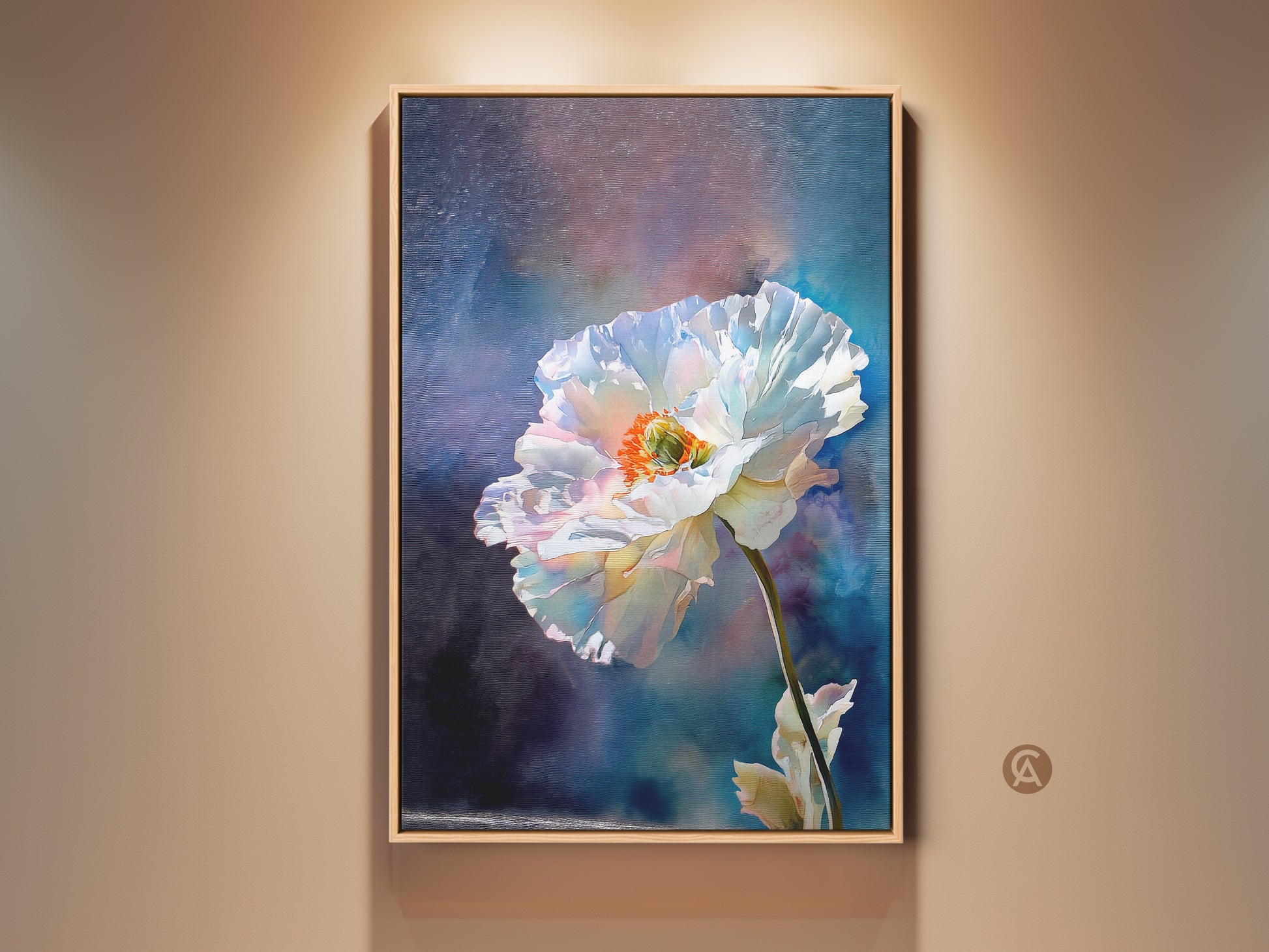 Framed White Poppy Canvas Art with an orange center. See the botanical floral wall art in a natural wood frame. This impressionistic flower print brings contemporary elegance to your home decor. Get nature inspired artwork ready to hang.