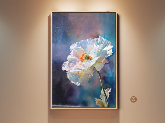 Framed White Poppy Canvas Art with an orange center. See the botanical floral wall art in a natural wood frame. This impressionistic flower print brings contemporary elegance to your home decor. Get nature inspired artwork ready to hang.