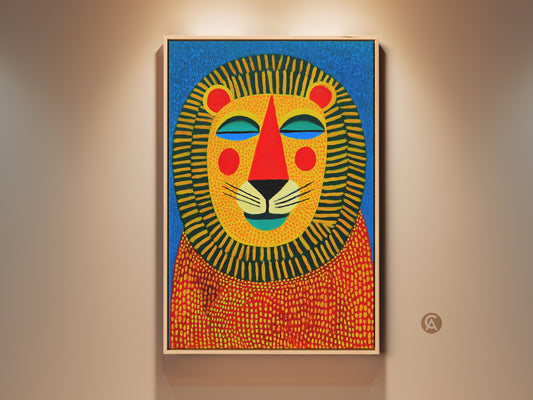 Framed naive lion art print hangs on a beige wall. The artwork is a colorful lion with a yellow mane blue background and orange body. This eclectic nursery decor brings a touch of joy to any kids room animal art or home decor. Perfect birthday gift for kids and animal lovers.