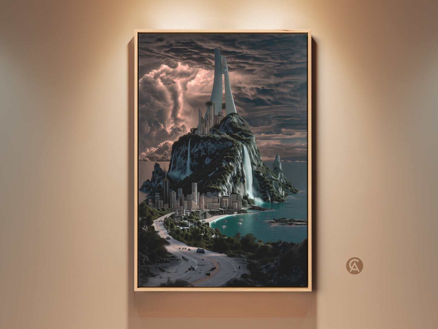 Framed futuristic cityscape art. The artwork shows a city built on a tropical island. Waterfalls cascade down to the ocean. This unique art piece is perfect for modern home decor.