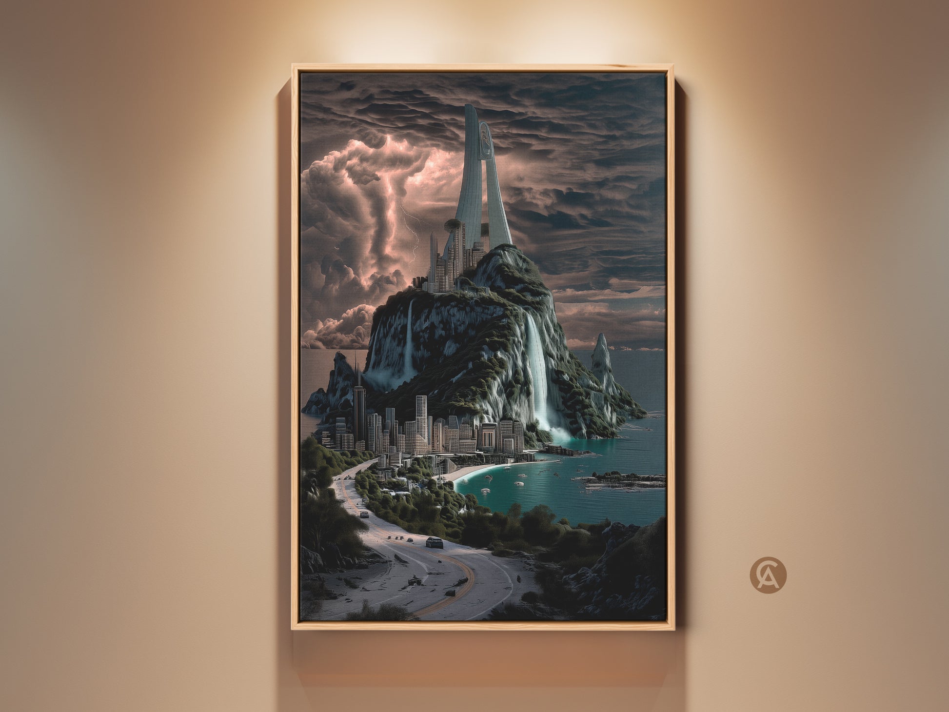 Framed futuristic cityscape art. The artwork shows a city built on a tropical island. Waterfalls cascade down to the ocean. This unique art piece is perfect for modern home decor.