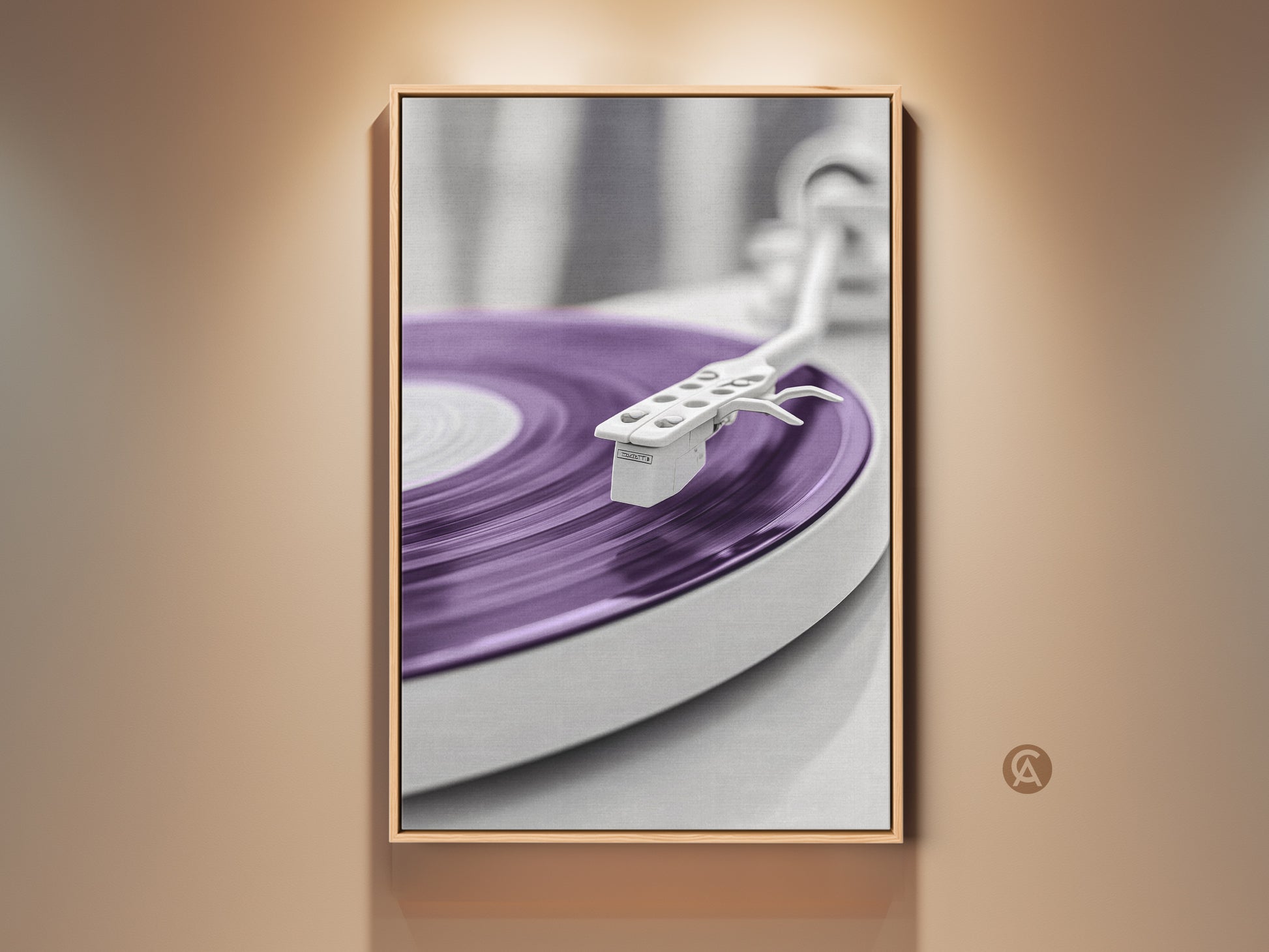 Framed purple turntable art print. This minimalist mid-century modern art piece features a vinyl record player. The artwork adds a retro music vibe to your home office decor. A perfect gift for music enthusiasts. The floating frame enhances the modern abstract wall art.