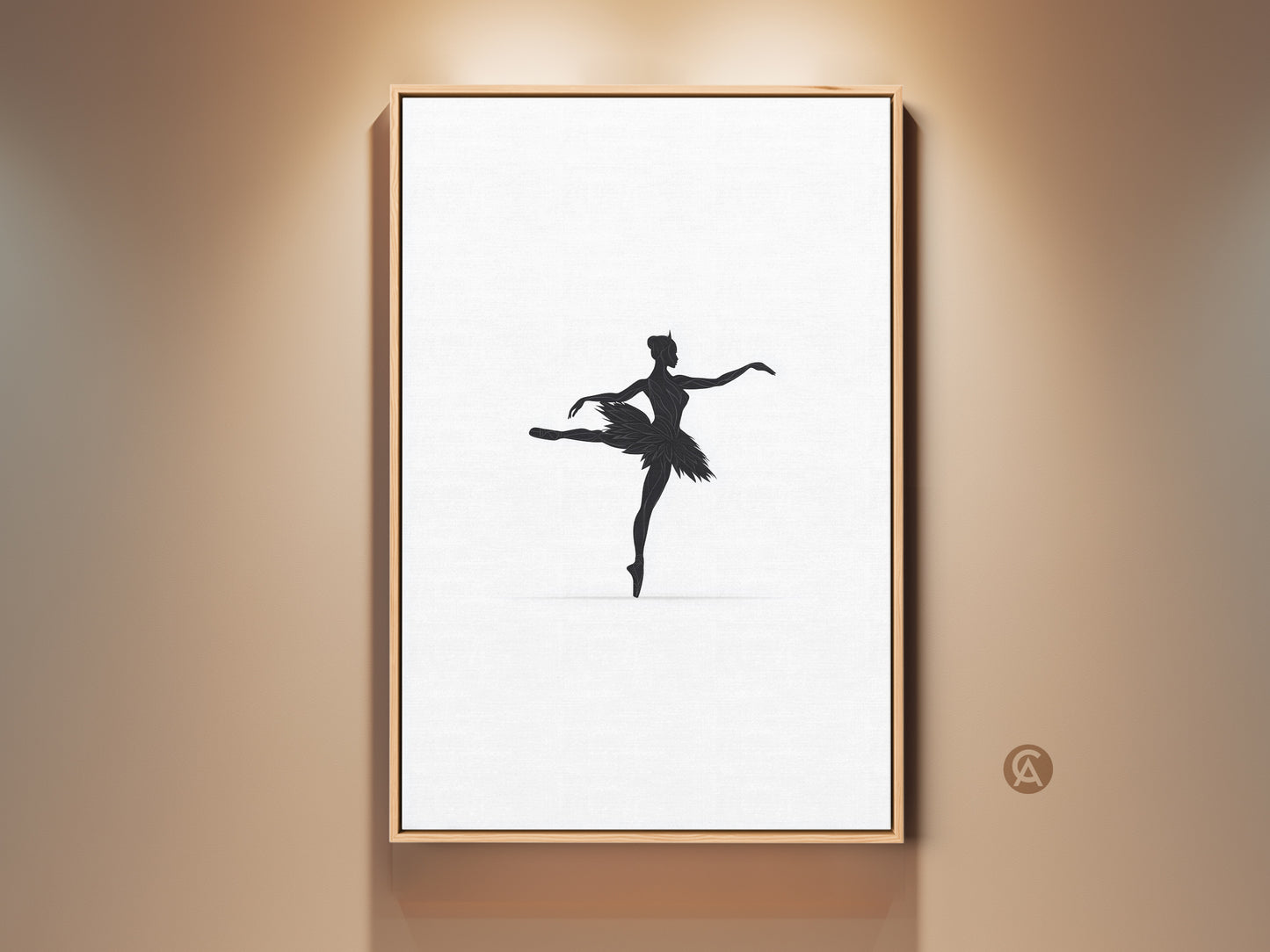 Minimalist black ballerina silhouette art is showcased on a wall. The contemporary artwork is framed in a natural wood tone. It adds a touch of elegance to a bedroom or dance studio. This fine art canvas print is perfect for ballet lovers and art collectors looking for chic wall decor.
