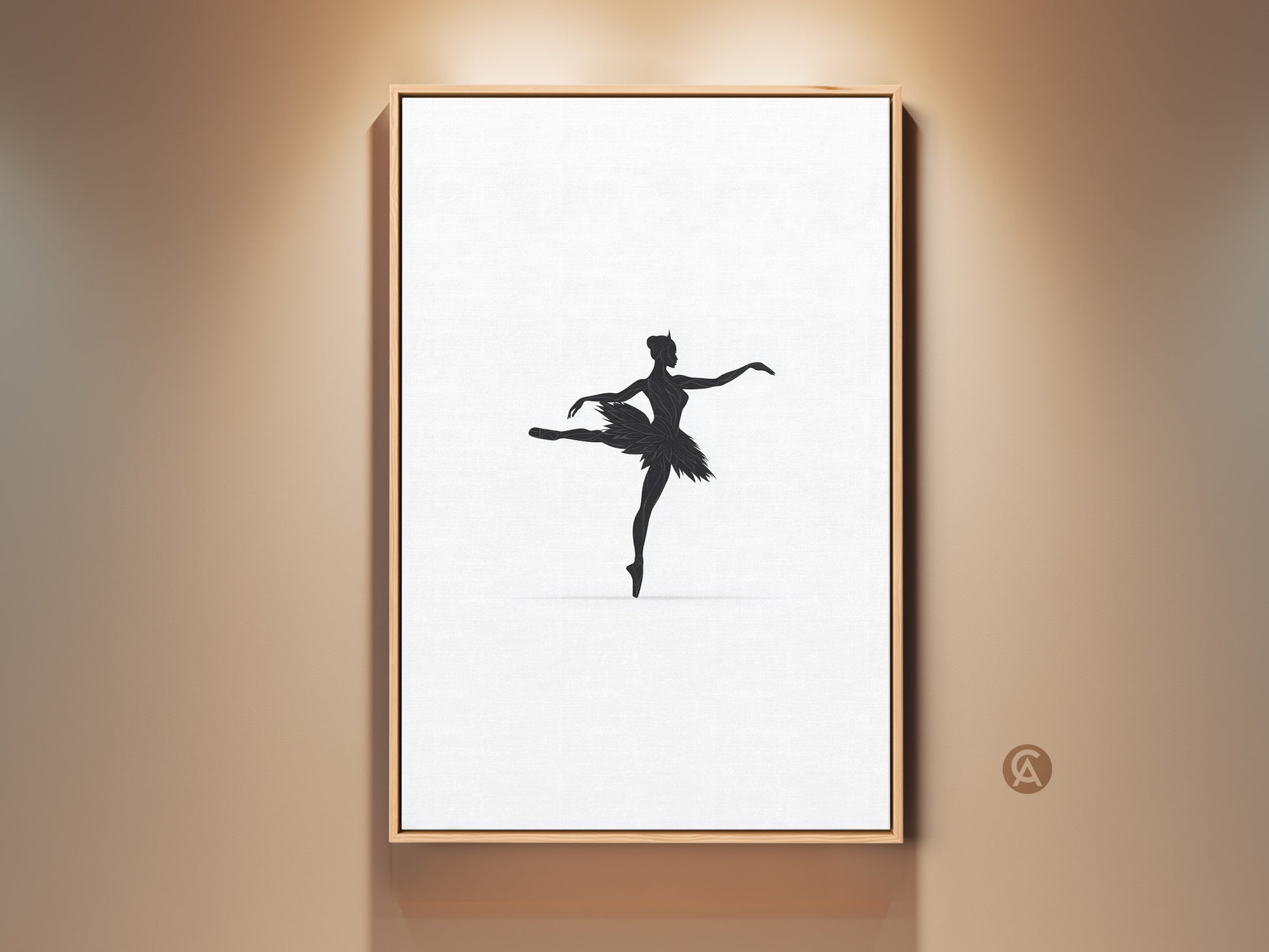 Minimalist black ballerina silhouette art is showcased on a wall. The contemporary artwork is framed in a natural wood tone. It adds a touch of elegance to a bedroom or dance studio. This fine art canvas print is perfect for ballet lovers and art collectors looking for chic wall decor.