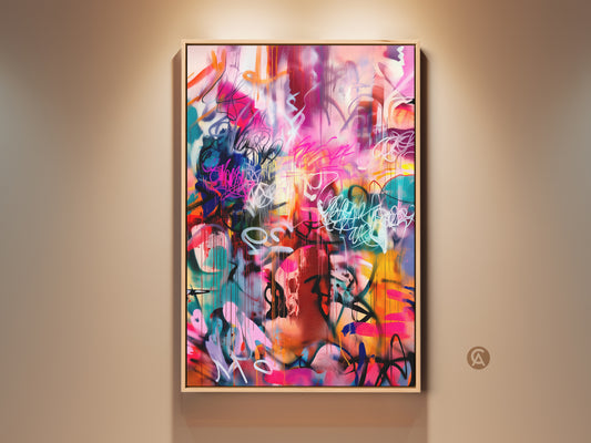 Framed Graffiti Style Artwork. This modern art piece features bright pinks blues & oranges. The artwork has a bold abstract style. This canvas art is ready to hang and adds a pop of color to any room.