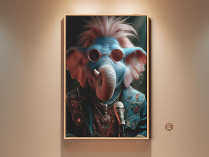 Elevate your space with this striking blue and pink canvas art. It features a punk rock elephant wearing sunglasses and a denim jacket. This surreal animal artwork is a unique piece for music lovers. It's perfect for adding an eclectic touch to your man cave wall decor or game room.
