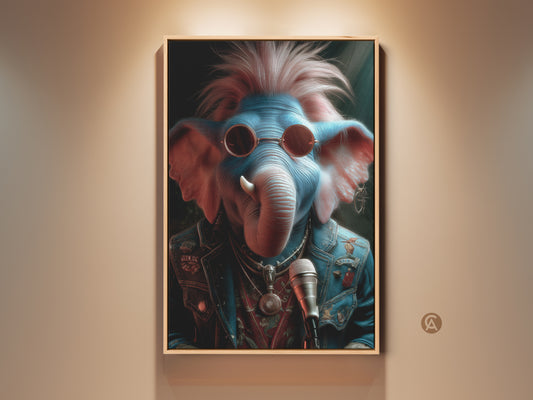 Elevate your space with this striking blue and pink canvas art. It features a punk rock elephant wearing sunglasses and a denim jacket. This surreal animal artwork is a unique piece for music lovers. It's perfect for adding an eclectic touch to your man cave wall decor or game room.