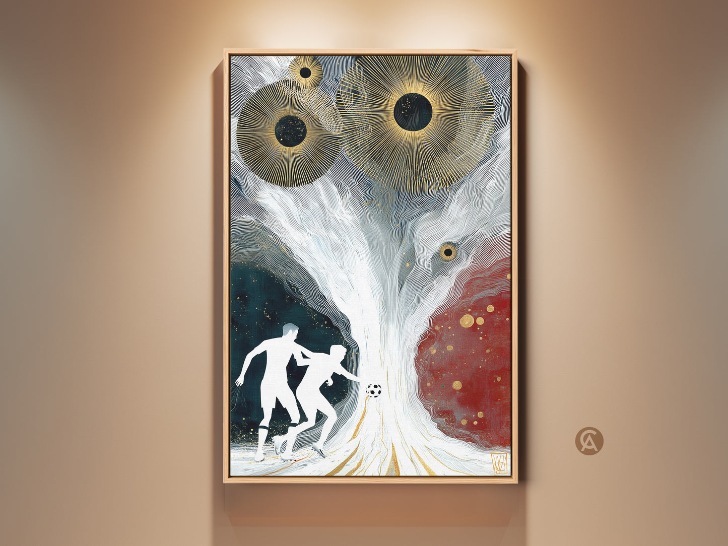 Abstract soccer wall art featuring gold sunbursts on canvas. Modern sports artwork perfect for a home office. The piece blends dark green white and red tones. A dynamic gift for a soccer fan add a modern touch to any living space with this contemporary artwork.