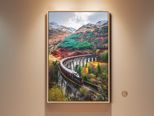 Vintage train art print showcases a scenic autumn landscape. A rustic viaduct canvas decor adds charm. This railway art is a perfect gift for railway lovers. Emerald green and deep red hues create a nostalgic train poster vibe.